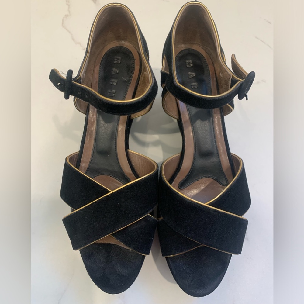 Black Suede Crisscross Ankle-Strap Heels with Gold Trim